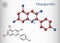 Pelargonidin molecule. It is anthocyanidin cation, plant pigment, orange color. Structural chemical formula and molecule model.