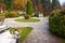 Peles castle ornamental garden, Sinaia, Romania. Landmark of Car