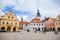 Pelhrimov, Czech Republic, 03 July 2021: Castle at main town Masaryk Square, old baroque renaissance historic buildings, clock