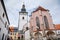 Pelhrimov, Czech Republic, 03 July 2021: gothic church of St. Bartholomew with observation tower at sunny summer day in center of