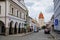 Pelhrimov, Czech Republic, 03 July 2021: Lower or Jihlavska gate, Medieval renaissance clock tower, narrow picturesque street with