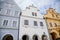 Pelhrimov, Czech Republic, 03 July 2021: narrow picturesque street with colorful medieval renaissance, baroque and gothic houses