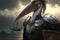 Pelican animal portrait dressed as a warrior fighter or combatant soldier concept. Ai generated