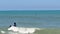 Pelican birds diving for fish close to the shore and people in Cocoa Beach