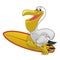 Pelican cartoon hold the surfboard
