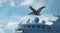 Pelican is flying in front of a bridge of a cruise ship in the C