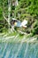 Pelican flying over Child`s Lake, Duck Mountain Provincial Park, Manitoba, Canada