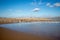 Pelican flying over seagulls at Pacific and Santa Maria river at Rancho Guadalupe Sand Dunes on central coast of California USA