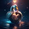 Pelican hugging heart Fantasy flamingo with heart in water. 3D illustration. Generative AI animal ai