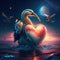 Pelican hugging heart Pelican in love with a heart. 3d rendering. AI generated animal ai