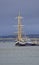 The Pelican of London a Class A Tall Ship alongside the quay at the Port of Montrose with the Road and Rail Bridges behind.