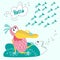 The Pelican sits on an island and dreams of eating fish. Vector illustration of a Pelican and a flock of fish suitable for childre