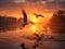 Pelicans flying at sunrise in Danube