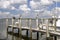 Pelicans perched on a dock