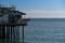 Pelicans sitting on a Stearns Warf pier, USA