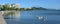 Pelicans swim against Cairns waterfront skyline