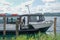 Pella - 07/12/2020: tourist on a boat shuttle to San Giulio`s Isle, Orta`s lake