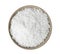 Pellets of ammonium nitrate in bowl isolated on white, top view. Mineral fertilizer