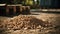 Pellets from wood shavings are poured on the street, sunny weather,