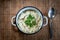 Pelmeni, traditional Russian dumpling dish with meat on table