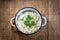 Pelmeni, traditional Russian dumpling dish with meat on table