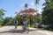 PEMBA, TANZANIA - JANUARY 2020: Red Blooming Flamboyant tree near road with Black African People are Moving by. Red