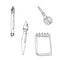 Pen, brush, notebook and scissors are drawn with a contour line. isolated objects on white background. educational supplies