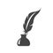 Pen feather in ink bottle black vector icon. Inkstand or ink well with bird feather.