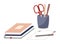 Pen holder, books, paper office equipment. Scissors, pen or pencils in vertical plastic box on white
