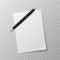 Pen and paper sheet. Blank white paper sheet and ballpoint pen top view mockup. Write message, letter or note realistic