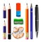 Pen, Pencil Stationery Set Vector. Sharpened. Classic Rubber, Without, Graphite. Wood, Plastic And Metal Tools Accessory