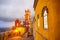 Pena Palace in Sintra, Lisbon, Portugal in the night lights. Famous landmark. Most beautiful castles in Europe