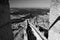 Penafiel Town, view from the top of the cliff, Castle of Penafiel, Valladolid, Spain. Medieval Castle. Black and white image