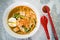 Penang popular prawn mee noodles with eggs, and small shrimp