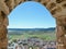 Penas de San Pedro photographed from above, view through the castle window. Castilla La Mancha, Spain.