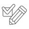 Pencil with check mark, done thin line icon, productivity concept, completed vector sign on white background, outline