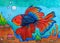 Pencil-colored realistic drawing of halfmoon blue and red colored bettafish  Betta splendens swimming underwater