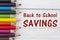 Pencil Crayons with text Back to School Savings