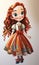 A pencil creative girl with red hair in a dress with a bow and traditional Romanian clothing is a princess with long, fluffy,