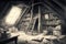 a pencil drawing of an attic filled with old books, dusty furniture and a forgotten childhood treasure