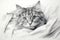 Pencil drawing cat on paper sheet, photorealistic portrait of cute pet lying on bed, illustration. Painted kitten face on white