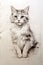 Pencil drawing cat on paper sheet, vertical portrait of cute pet, sketch of domestic animal. Concept of design, background,