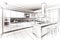 Pencil drawing of the interior of a kitchen. Modern kitchen floor plans with furniture floor plans.