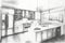 pencil drawing of modern and sleek kitchen with stainless steel appliances and marble countertops