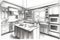 pencil drawing of modern and sleek kitchen with stainless steel appliances and marble countertops