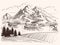 Pencil drawing mountain landscape. Cartoon sketch mountains and fir trees vector illustration