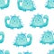 Pencil hand-drawn colored seamless repeating children pattern with cute blue dinosaurs in Scandinavian style on a white