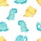 Pencil hand-drawn colored seamless repeating children pattern with cute dinosaurs and doodles in Scandinavian style on a