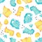 Pencil hand-drawn colored seamless repeating children pattern with cute dinosaurs and doodles in Scandinavian style on a