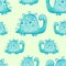 Pencil hand-drawn colored seamless repeating children pattern with cute dinosaurs in Scandinavian style on a green